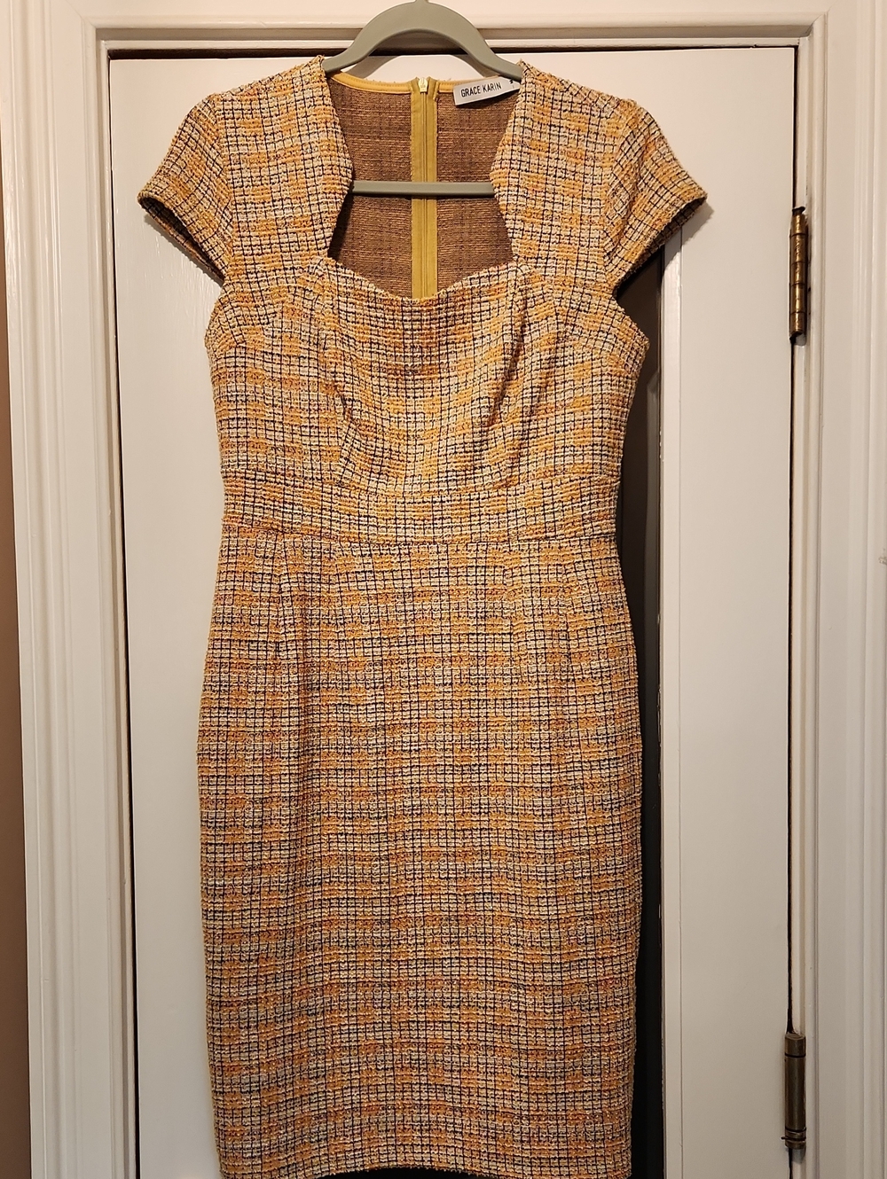 Grace Karin Yellow Tweed Midi Dress